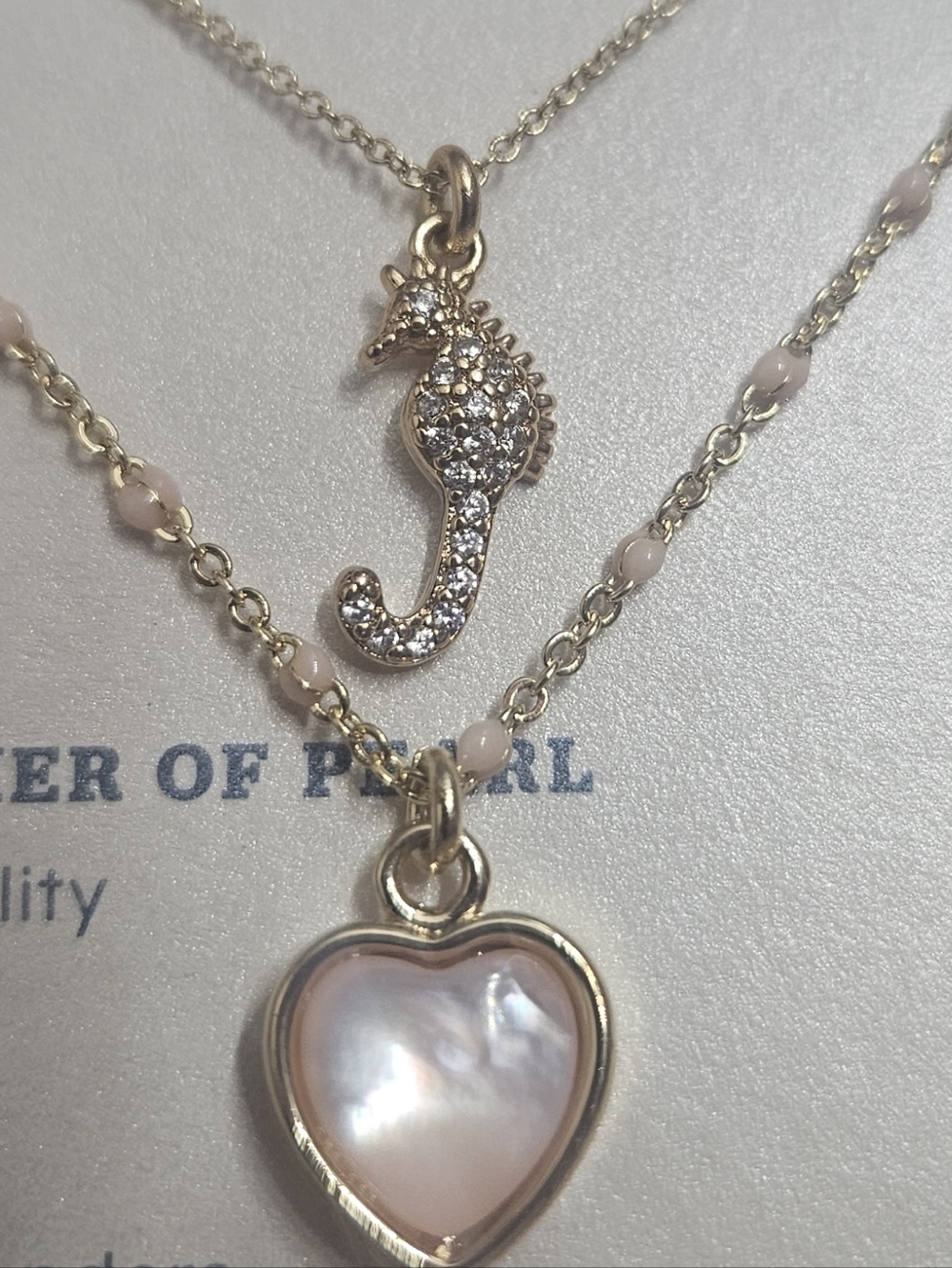 Luna Norte Pink Mother of Pearl Heart & Paved Seahorse Necklace Set - Picture 3 of 5